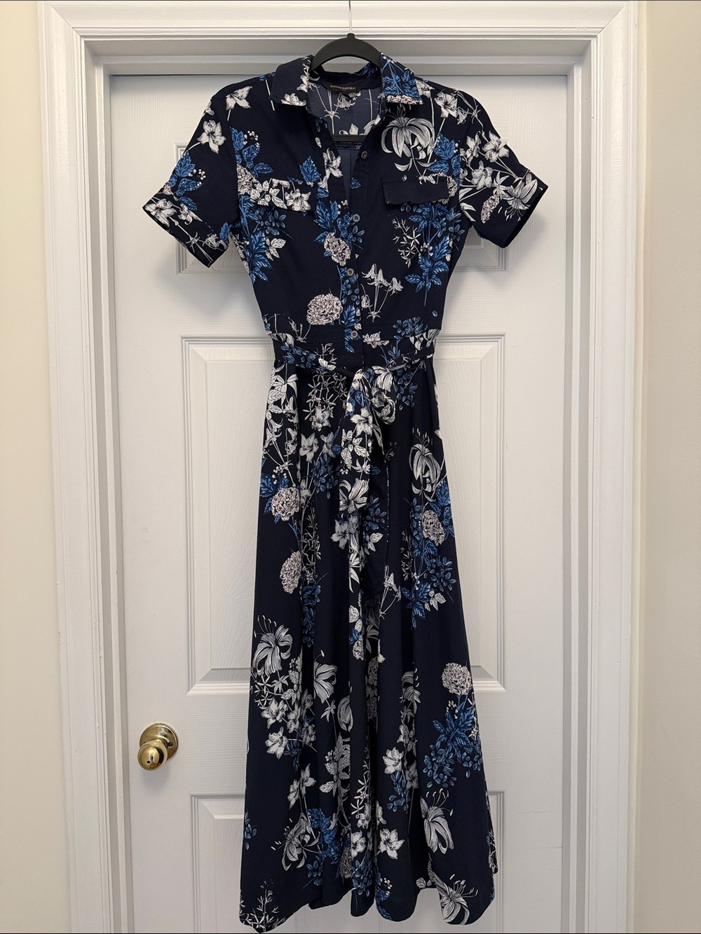 Banana Republic Navy Floral Maxi Shirt Dress with Tie Waist